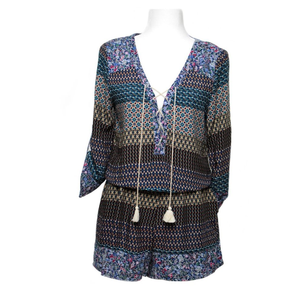 Boho Romper Jumpsuits Multi color 3/4 Sleeves